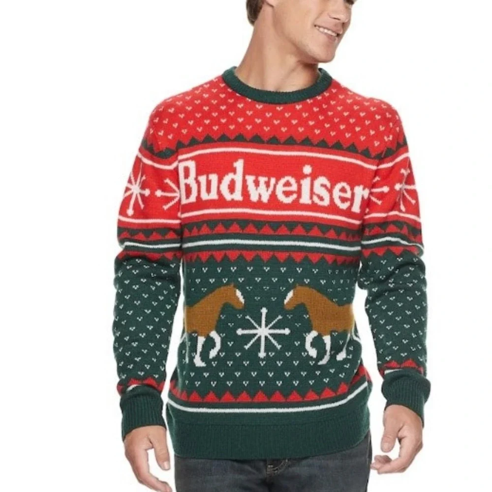 Budweiser Mens Holiday Fair Isle Clydesdale Sweater, Red Green,L - Picture 3 of 12